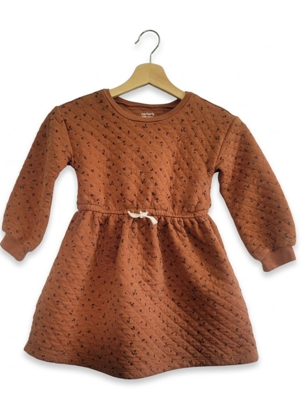 CARTER'S Girls' Quilted Rust Brown Long-Sleeve Dress Sz 5T Micro-Print Fall Cozy